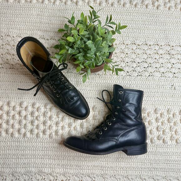 JUSTIN Boot Women's 6.5 Lace Up Roper Kiltie Boot Black Steampunk Cowgirl Combat - Picture 4 of 14